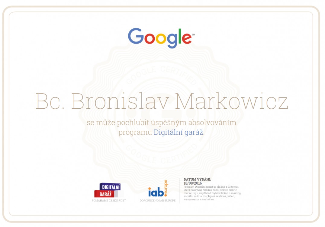 Certifikát o absolvování programu Digitální garáž | Google