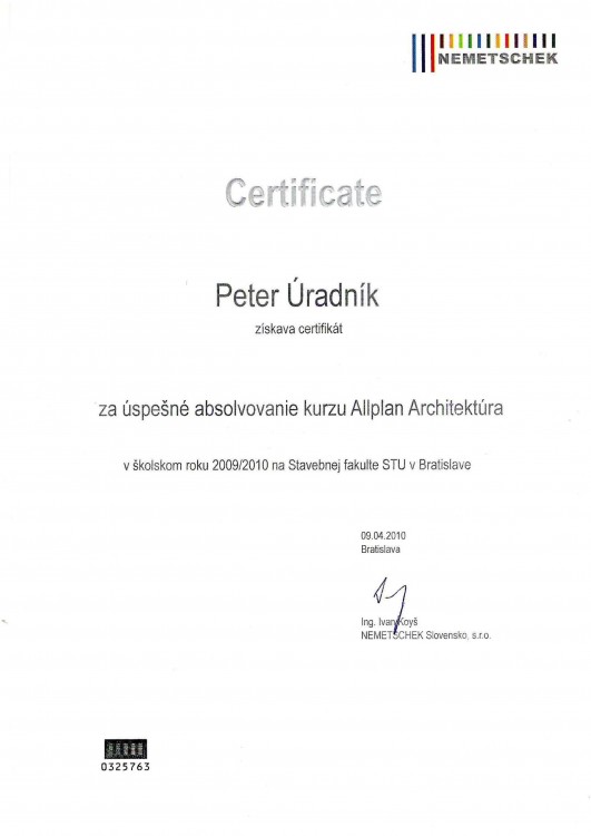 Certifikát absolvovaného kurzu Allplan Architektúra