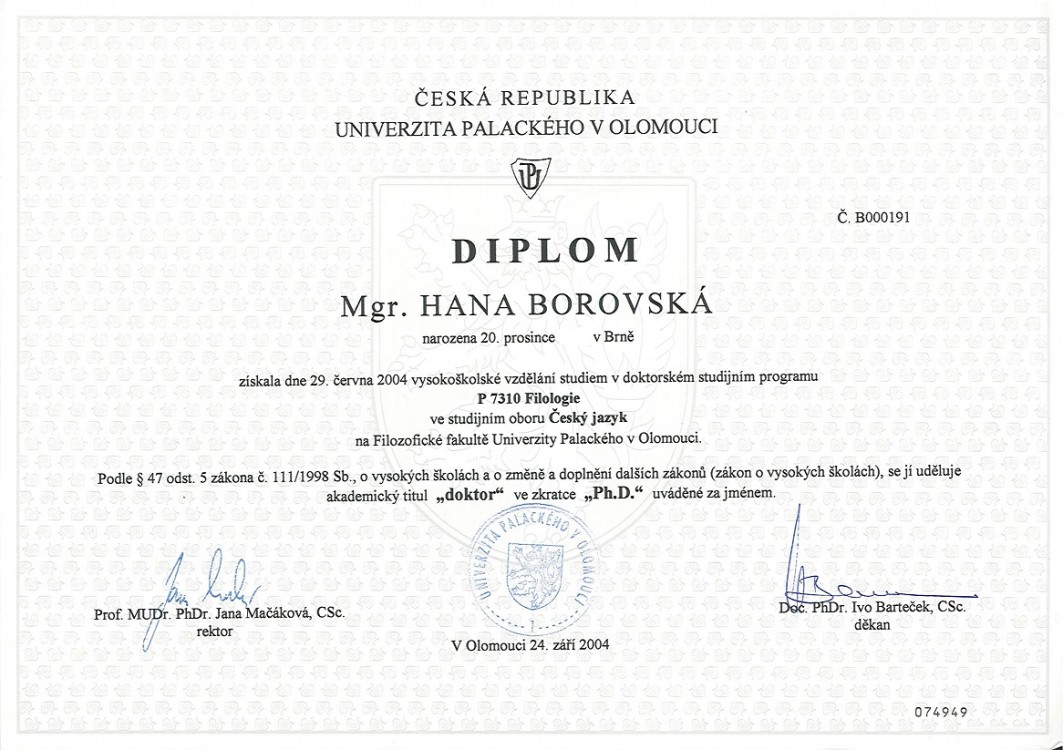Doktorský diplom z Univerzity Palackého v Olomouci
