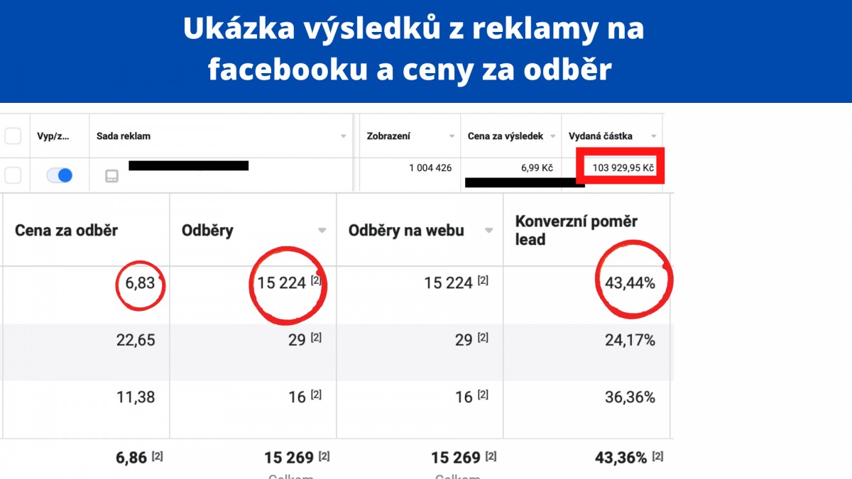 Ukázka výsledků z reklamy na Facebooku a ceny za odběr