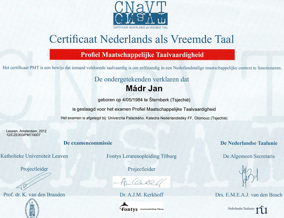 Certifikát ze studia nizozemštiny