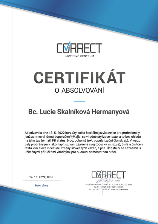 Certifikát o absolvování kurzu Stylistika českého jazyka | Correct
