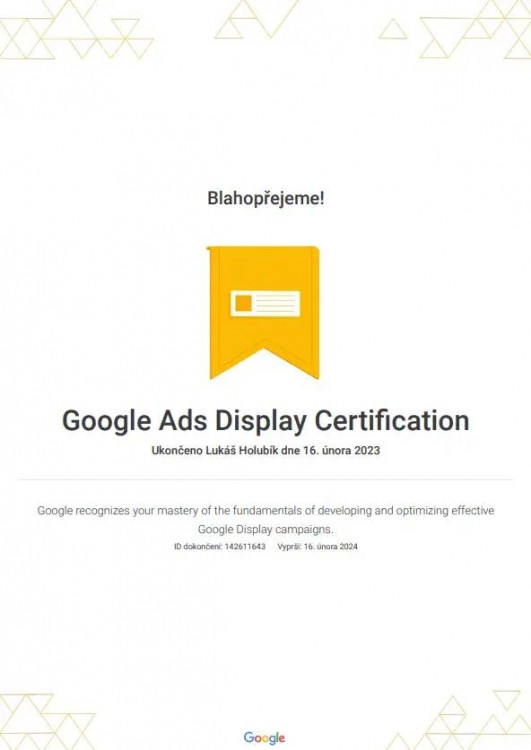 Certifikát Google Ads Dispaly Certification