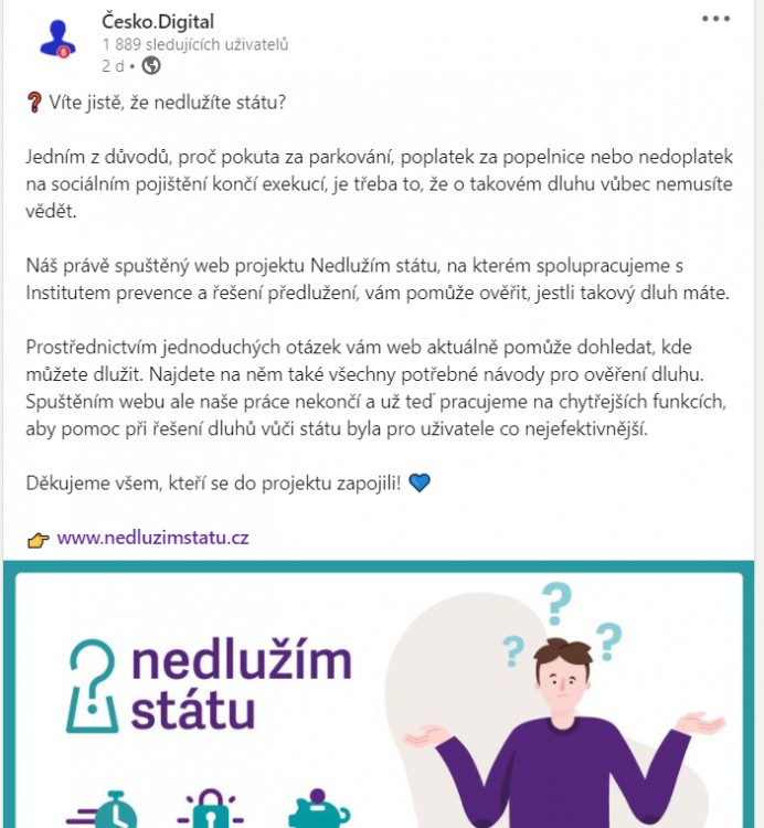 Texty pro příspěvek na LinkedIn | Nedlužím státu, Česko.Digital