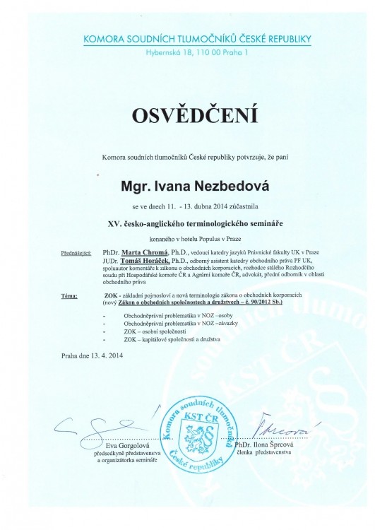 Osvědčení o absolvování XV. česko-anglického terminologického semináře