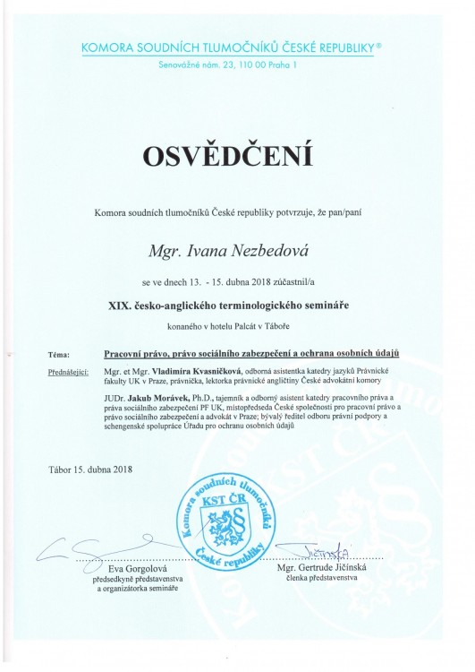 Osvědčení o absolvování XIX. česko-anglického terminologického semináře
