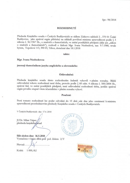 Rozhodnutí o jmenování tlumočníkem jazyka anglického a slovenského