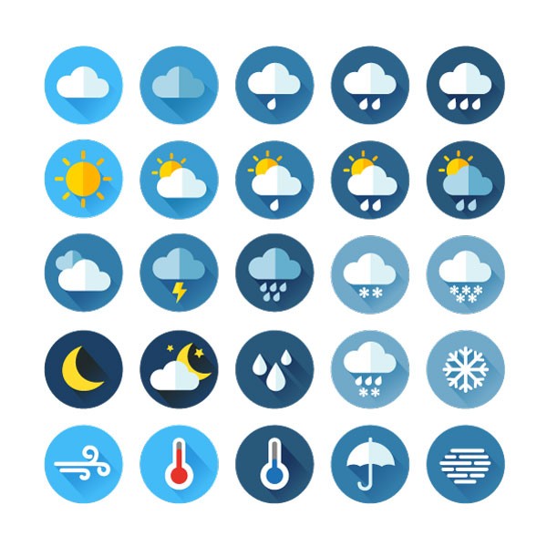 Ikonky pro mobilní aplikaci anebo tištěný design, symbolizující počasí