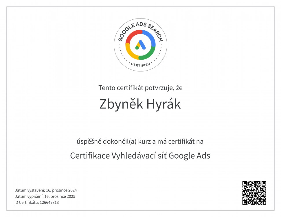 Certifikát Google Ads pro Vyhledávací síť 2025