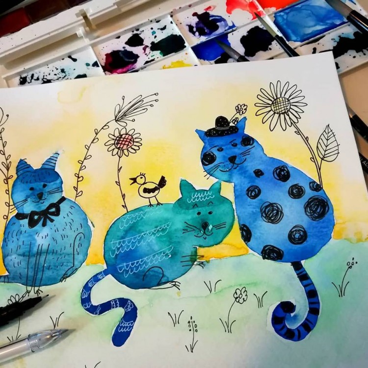 Kočky – akvarel | volná tvorba