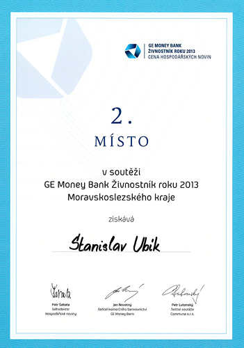 2. místo v soutěži GE Money Bank Živnostník roku 2013 Moravskoslezského kraje