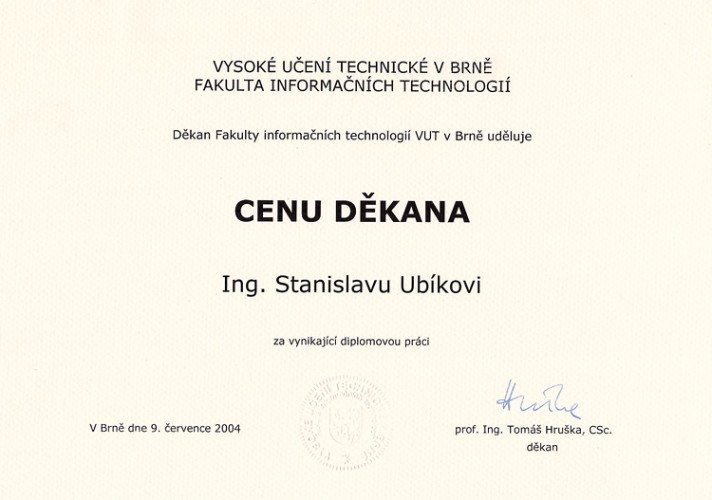 Cena děkana za vynikající diplomovou práci | VUT v Brně, Fakulta informačních technologií