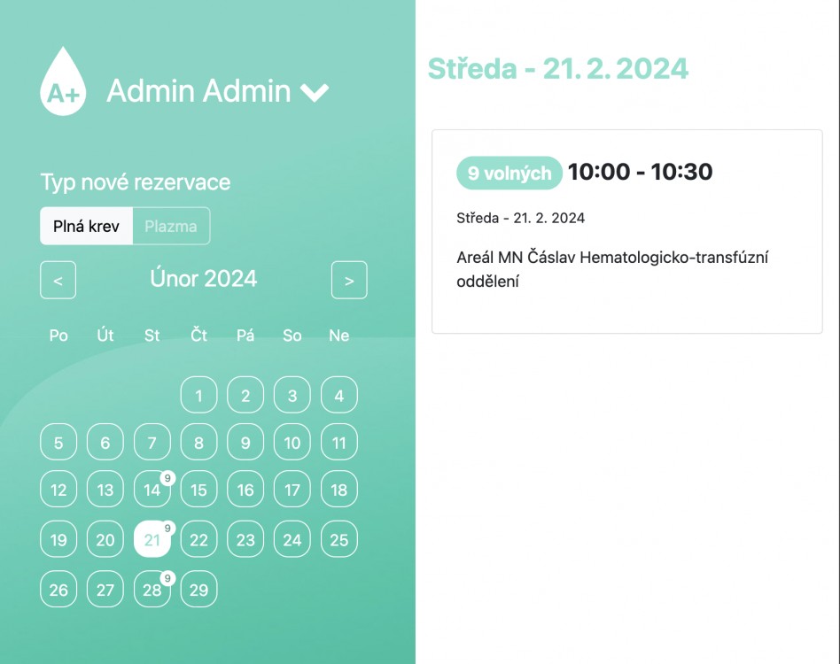 Rezervační systém pro hematologické oddělení Městské nemocnice v Čáslavi