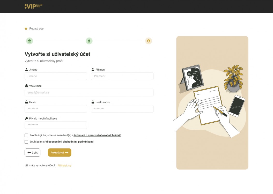 Vytvoření uživatelského účtu | VIP Benefit Club