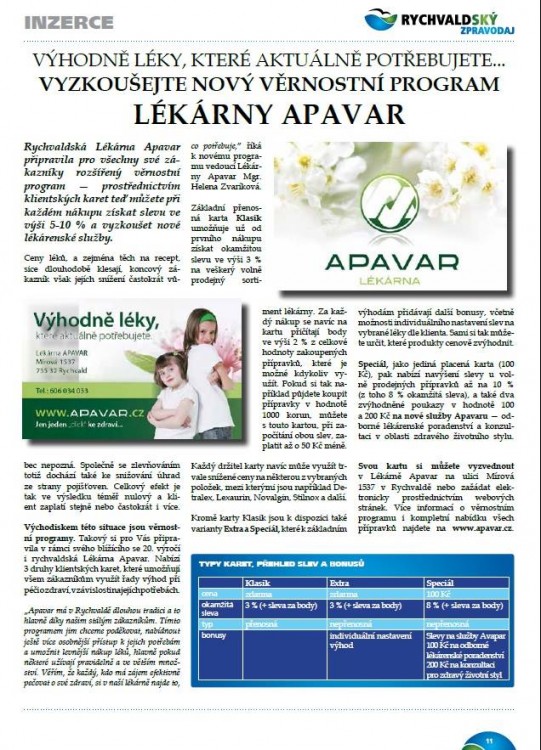 PR článek pro Lékárnu Apavar (Rychvaldský zpravodaj, 2015)