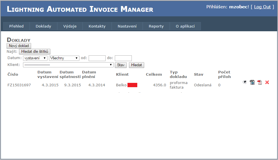 Aplikace Automated Invoices Manager - Doklady