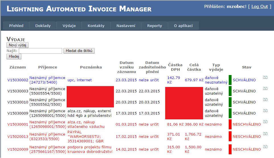 Aplikace Automated Invoices Manager - Výdaje