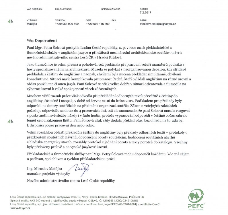 Referenční dopis od Lesů České republiky pro paní Mgr. Petru Šolcovou
