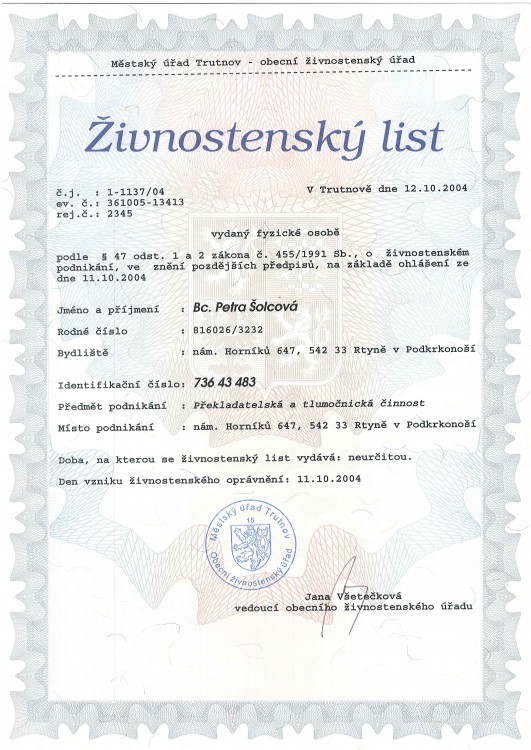 Živnostenský list - Překladatelská a tlumočnická činnost, r. 2004