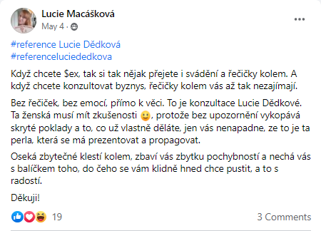 Reference od Lucie Macáškové na Facebooku