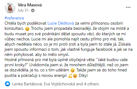 Reference od Věry Maxové na Facebooku