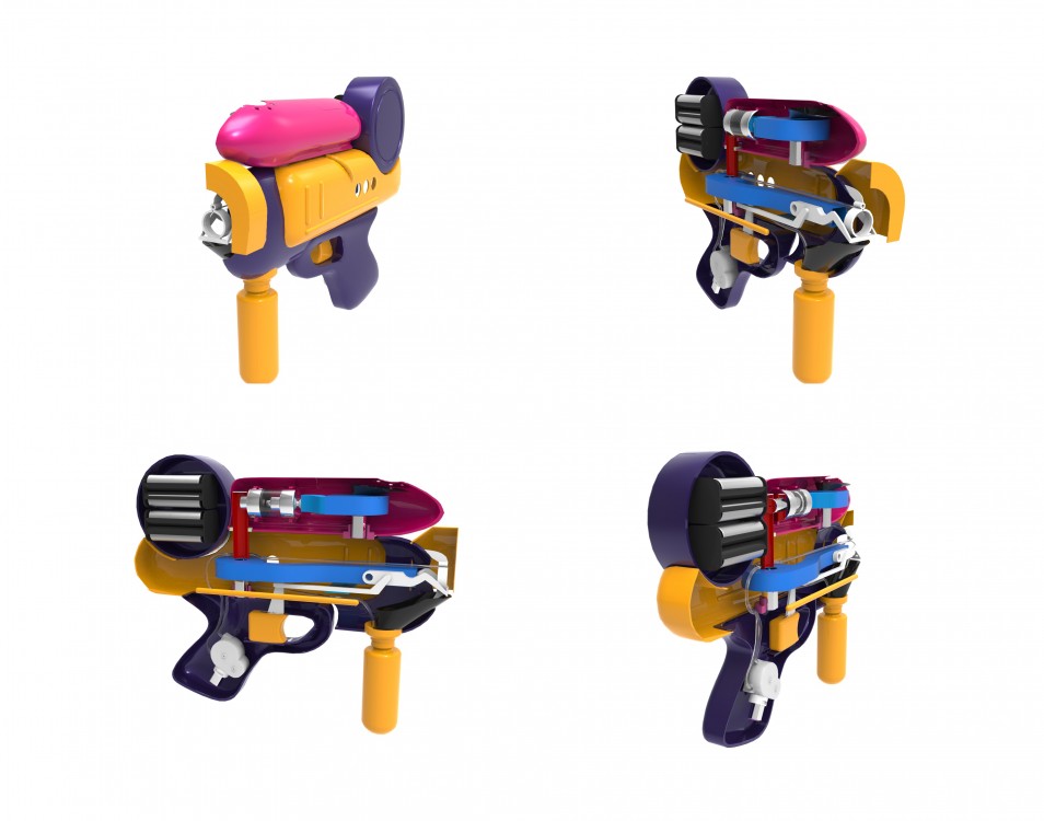Fog'n'Bubbles - design dětské pistole, která chrlí kouřové bubliny. Vývoj v 3D.