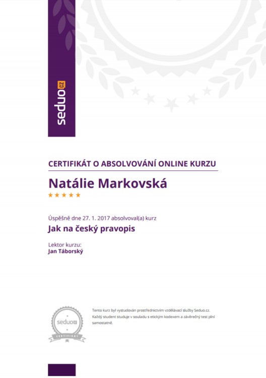 Certifikát absolvování školení Jak na český pravopis