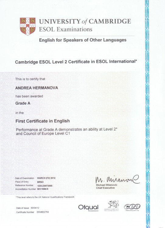 Certifikát FCE z roku 2012 prokazující úroveň angličtiny C1 (Cambridge ESOL)