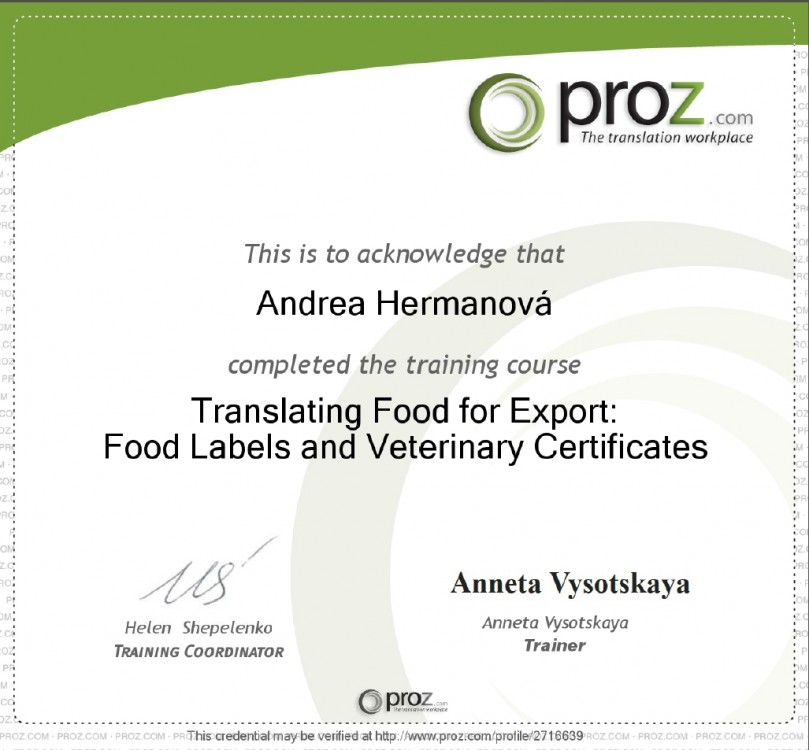 Certifikát - kurz překladu Translating Food for Export: Food Labels and Veterinary Certificates