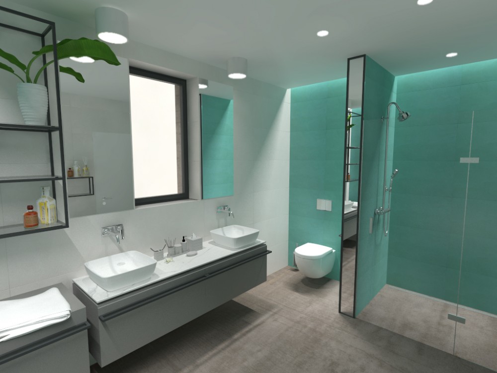 Koupelna v tyrkysové eleganci | návrh interiéru