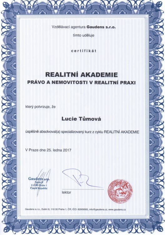 Certifikát Právo a nemovitost v realitní praxi | realitní akademie