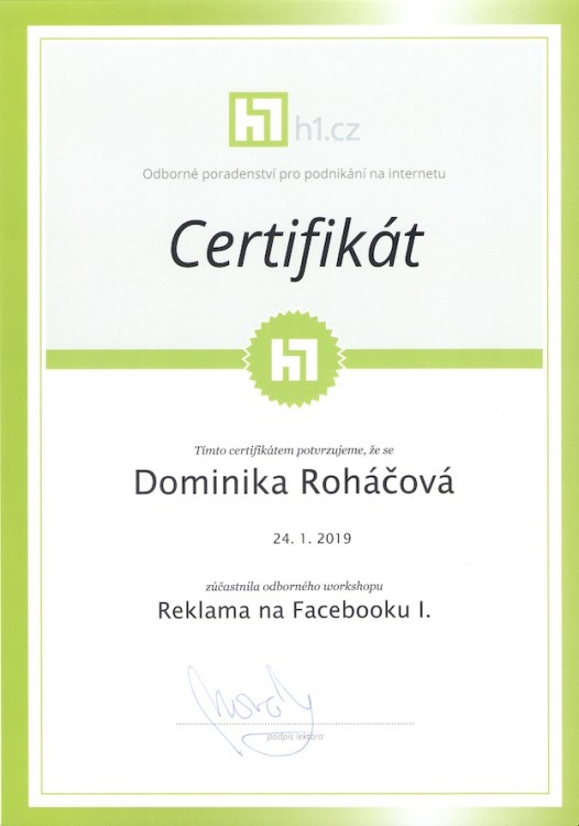Certifikát H1 - Reklama na Facebooku I.