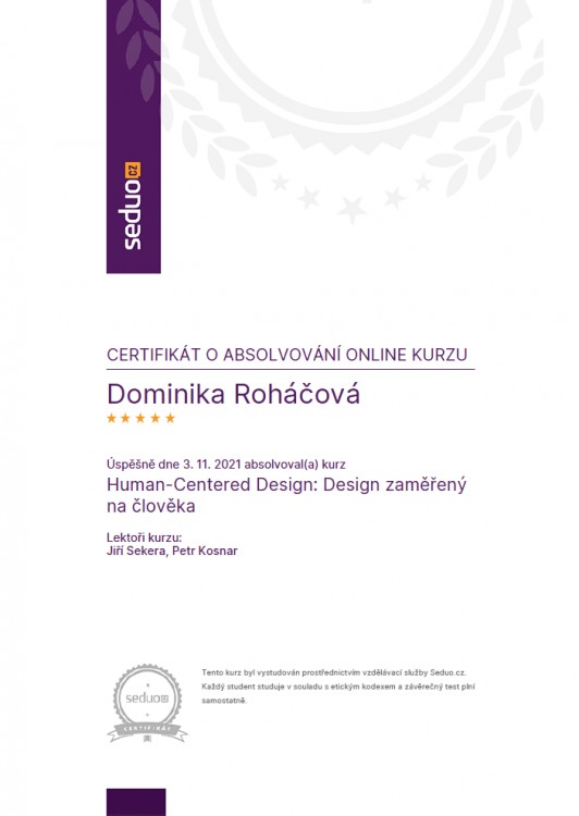 Certifikát Seduo - Human-Centered Design: Design zaměřený na člověka