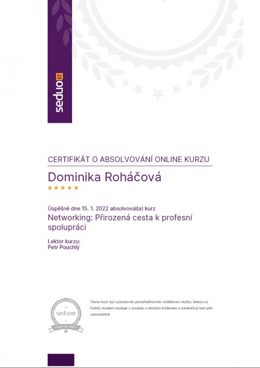 Certifikát Seduo - - Networking: Přirozená cesta k profesní spolupráci