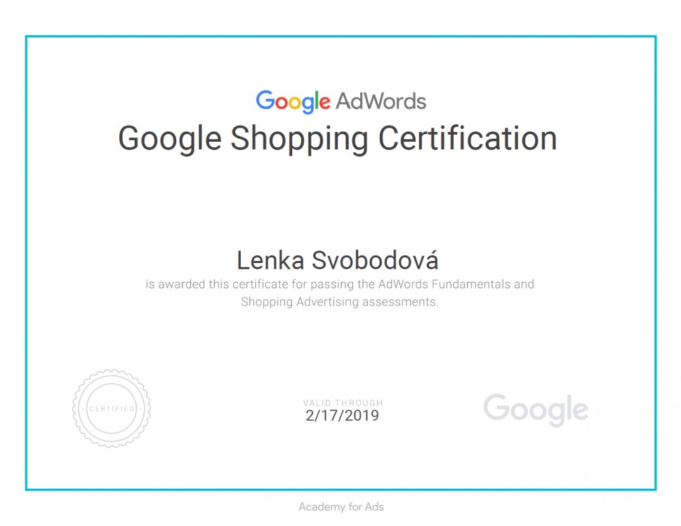 Certifikát Google nákupy