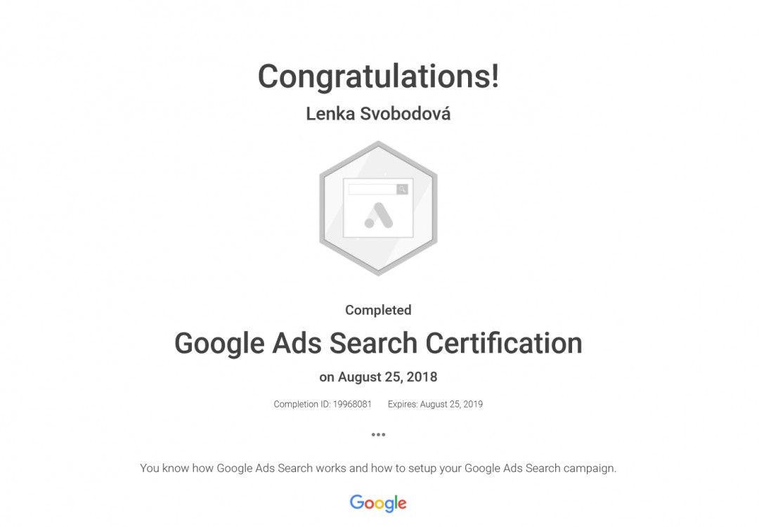 Google Ads certifikát vyhledávací síť