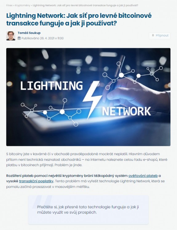 Článek o Lightning Network pro Finex.cz