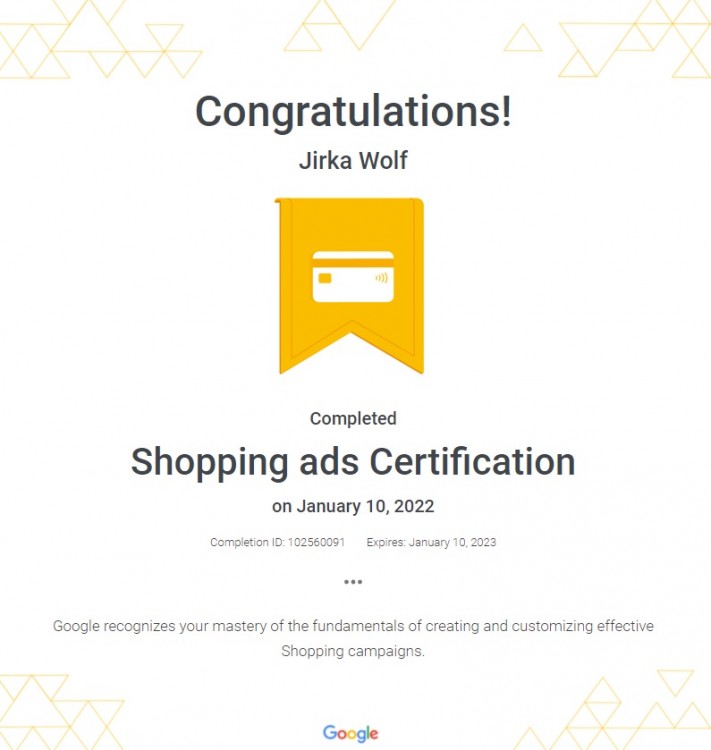 Certifikát Google Shopping ads