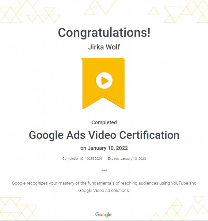 Certifikát Google Ads Video