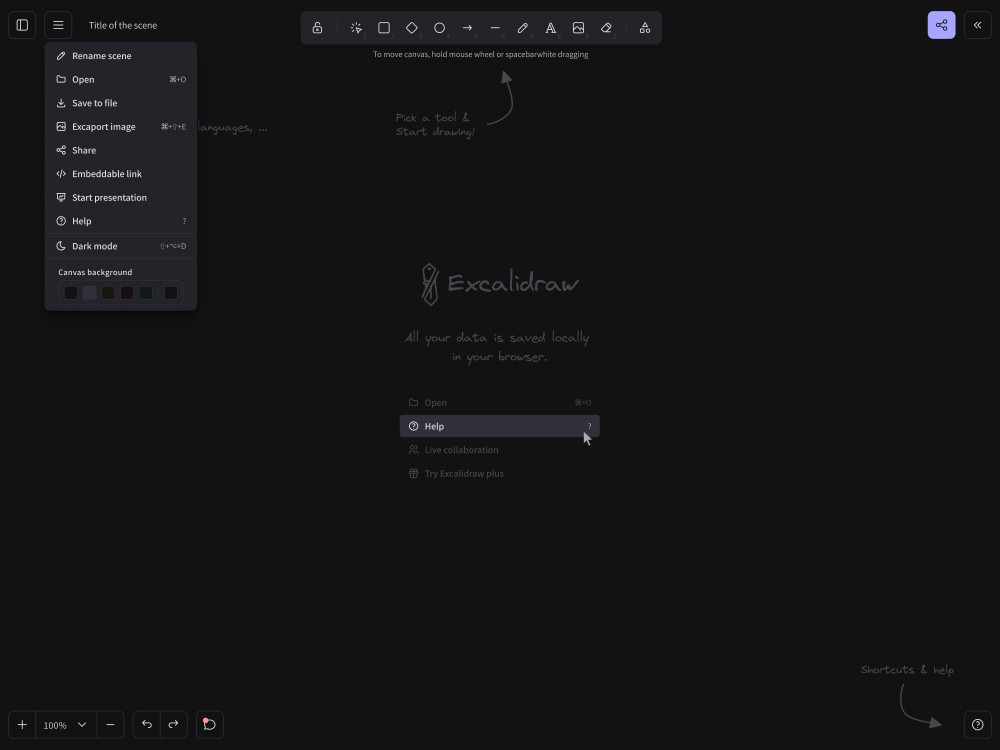 Excalidraw - online whiteboard má i dark mode