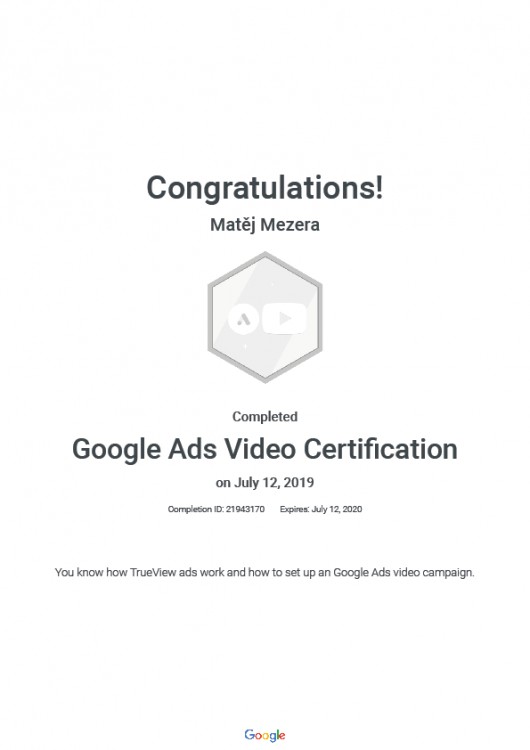 Certifikát Google Ads Video Certification
