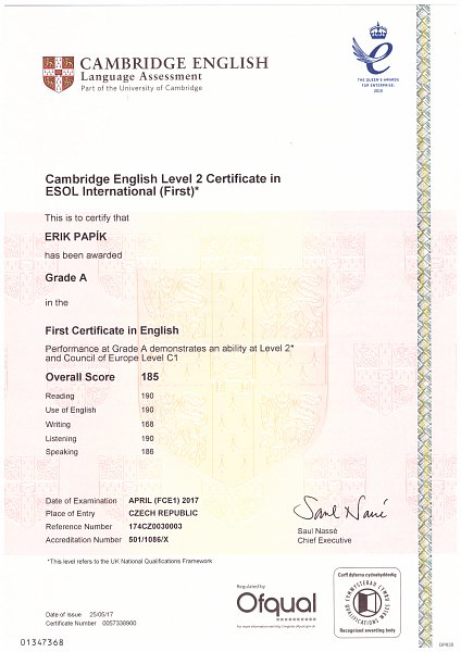 Certifikát Cambridge English: First (FCE) – Erik Papik, hodnocení Grade A, jazyková úroveň C1 dle CE