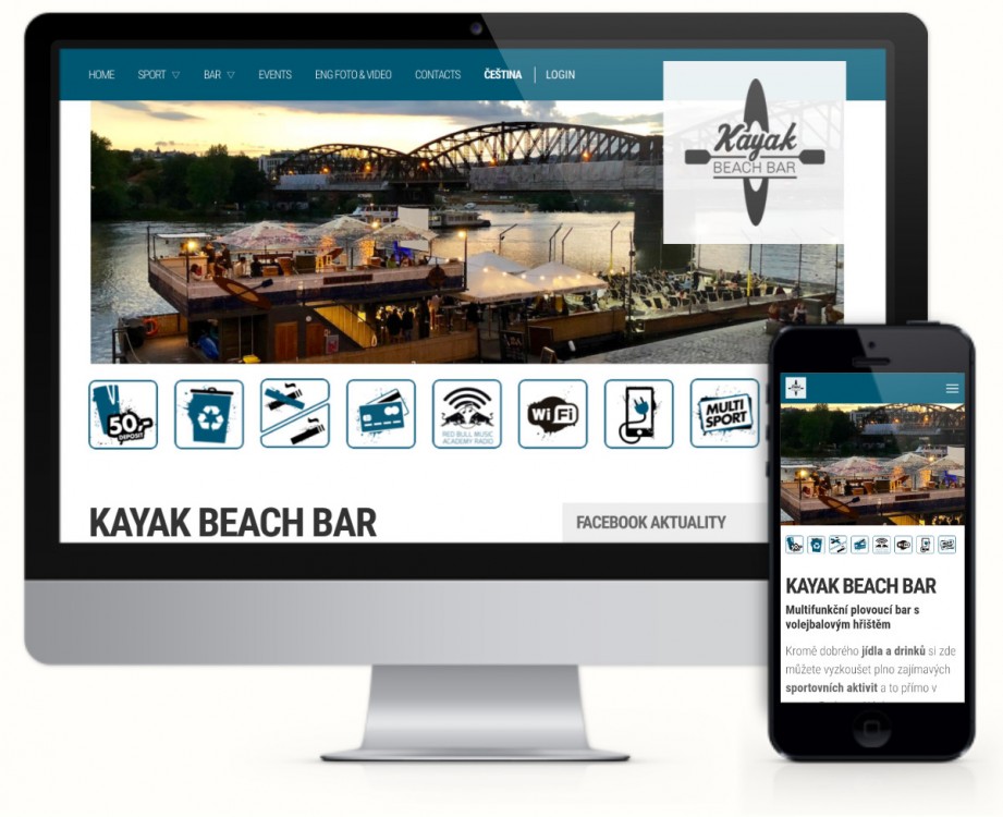 Web pro Kayak Beach Bar | multifunkční plovoucí bar s hřištěm v Praze