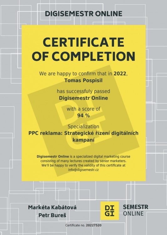 Certifikát - PPC reklama: Strategické řízení digitálních kampaní