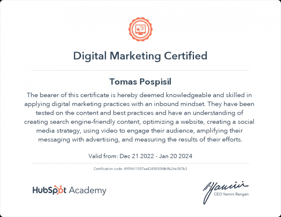 Hubspot Digital Marketing Certified