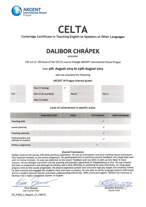 Certifikát Cambridge CELTA, 2. strana
