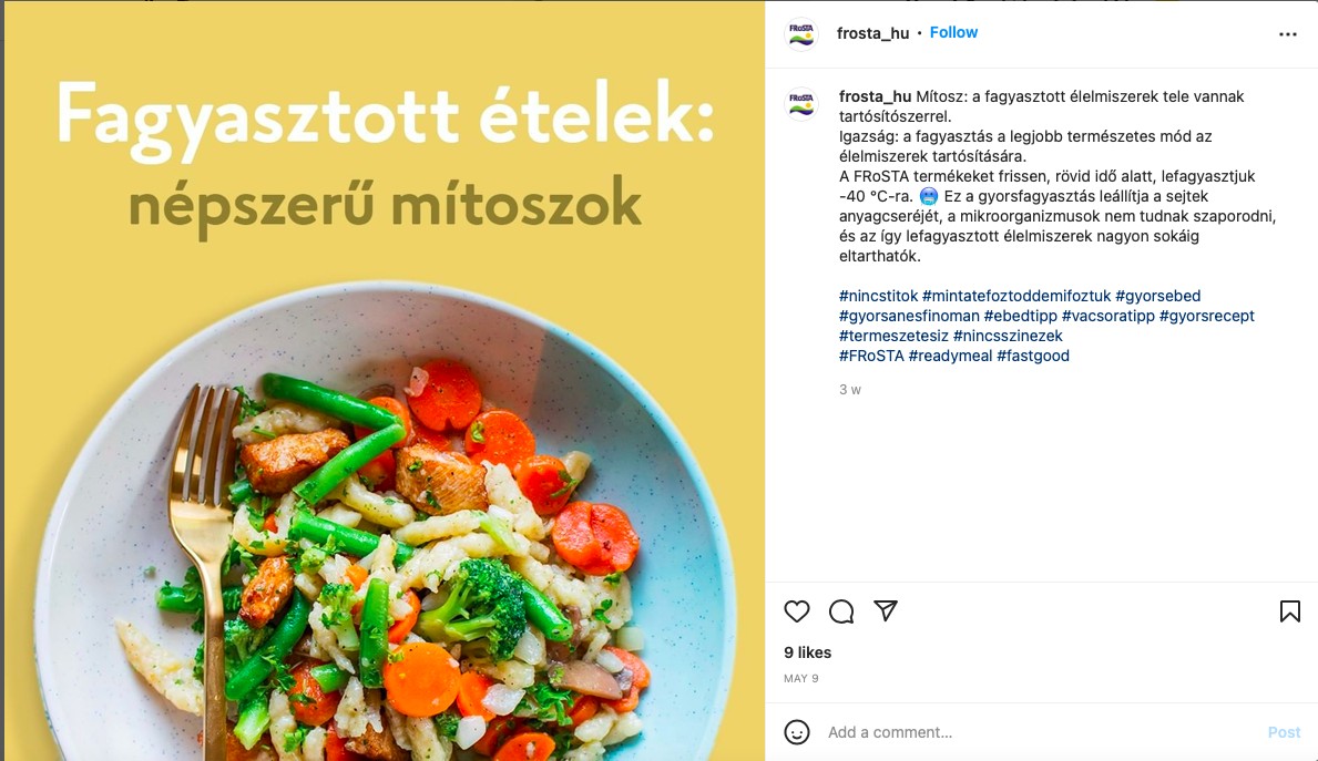 Maďarský příspěvek na Instagram pro značku FRoSTA