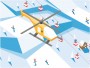 Digitální ilustrace záchranného vrtulníku v zimním lyžařském středisku