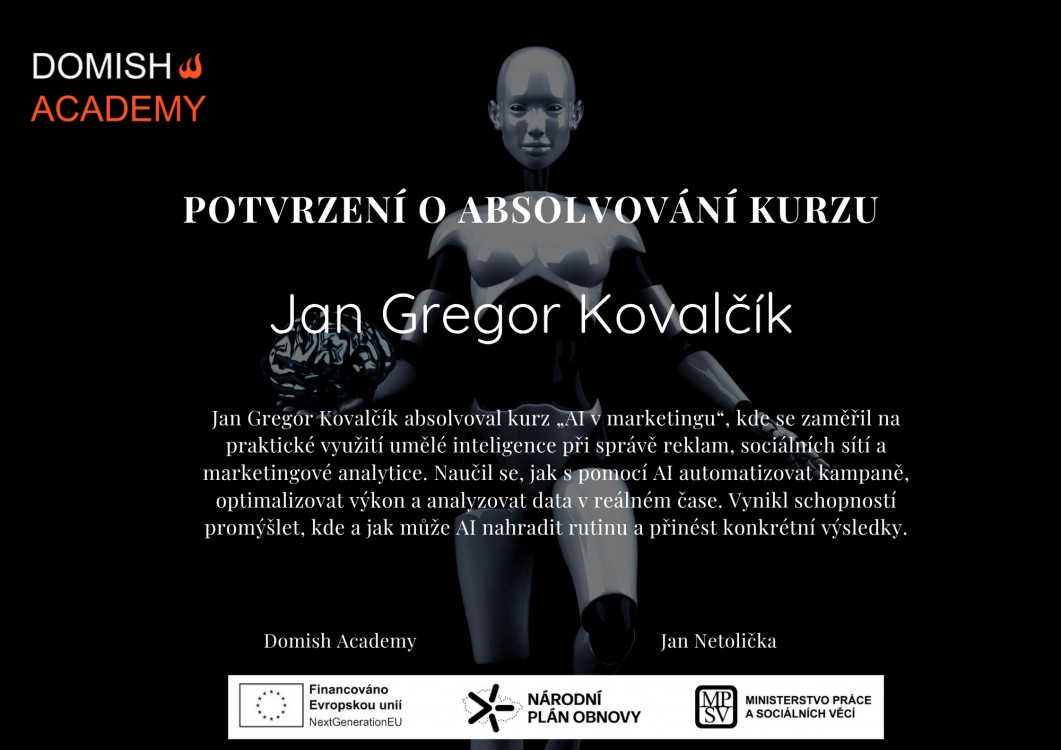 Potvrzení o absolvování kurzu AI v marketingu