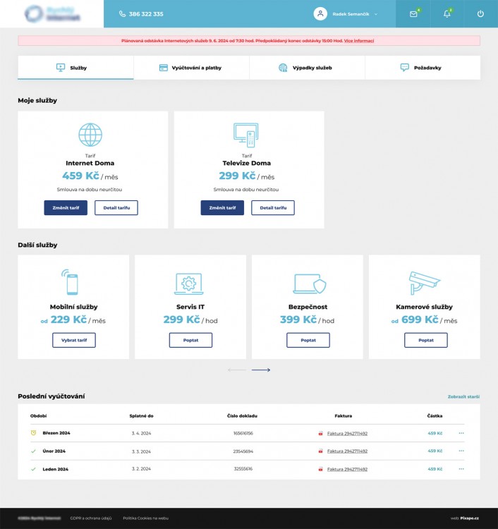 Služby| Klientský portál telekomunikační společnosti